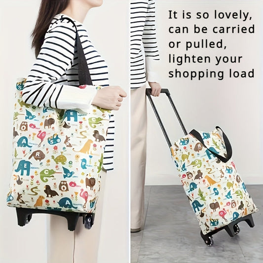 Folding Shopping Cart 2-in-1 Oxford Large Capacity Portable Tote Bag Reusable Grocery Bag on Wheels for Camping Business Delivery Market Travel Daily Use