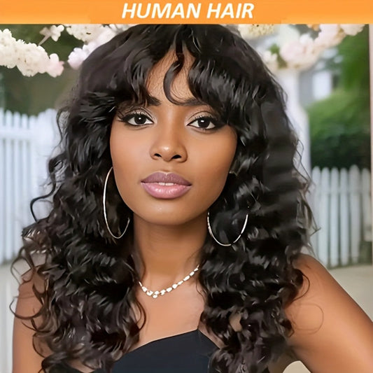 Remy Human Hair Water Wave Wig with Bangs Glueless Full Machine Made Rose Net Cap – Non-Lace Natural Look 16 Inch Daily Wear Party Protective Style Black 1B Women
