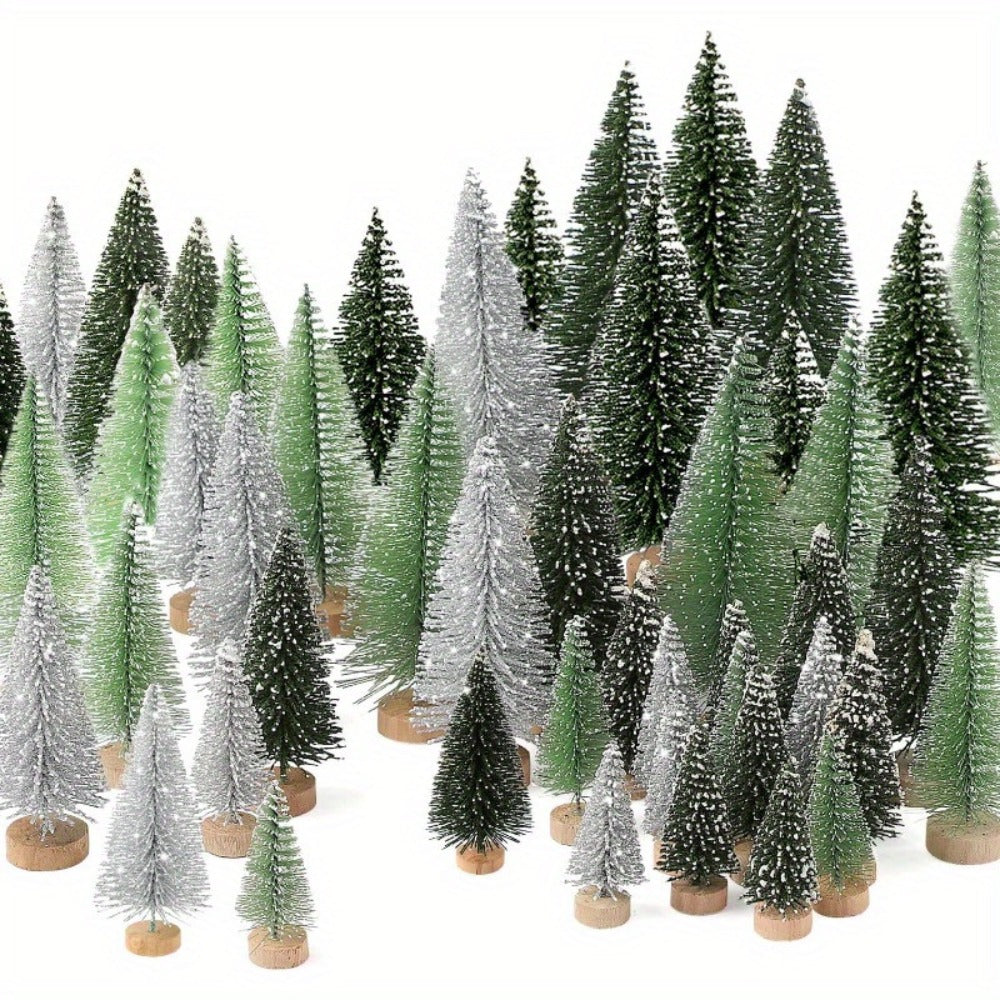 Mini Artificial Christmas Trees Set of 15, Bottle Brush Tabletop Trees with Wooden Base & Snowflake Sprinkles — Bendable Non-Lit Holiday Centerpieces for Christmas, Halloween & Thanksgiving Decor