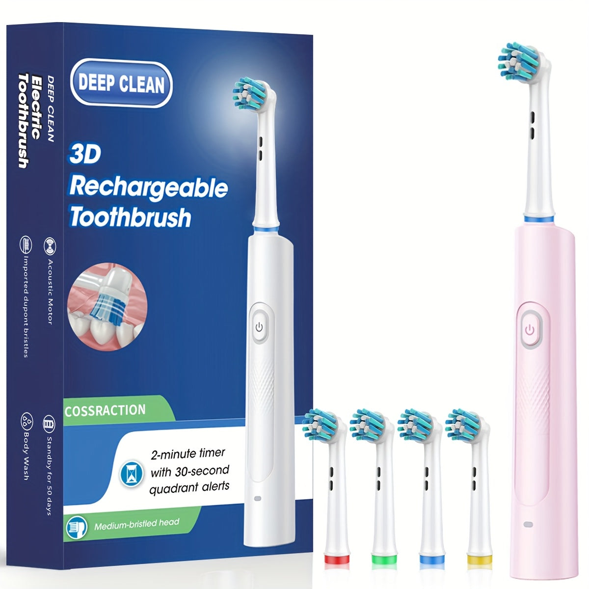 Electric Toothbrush with Round Brush Heads, IP67 Rating, Smart Timer and Six Color and Head-Count Bundles