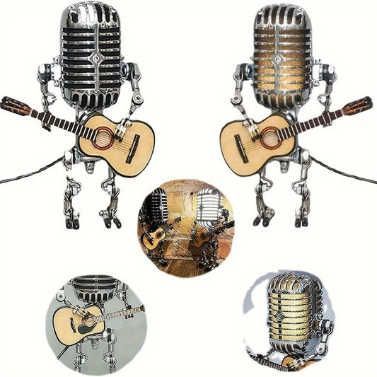 Vintage Microphone Robot Guitar Lamp USB Powered – Retro Decorative Night Light for Music Lovers, Guitar Players, Home, Bar & Office Desk Decor (Red / Yellow)