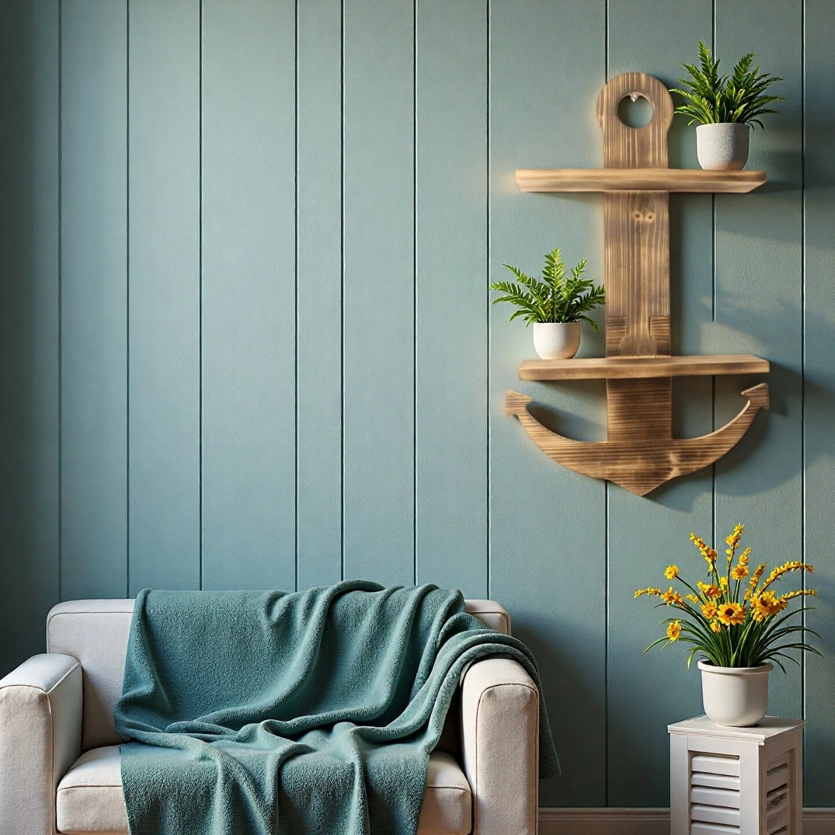 Floating Wall Shelves Solid Wood 2-Tier Nautical Anchor Shelf Handcrafted Heavy Duty Wall Mounted Organizer for Bedroom Living Room Bathroom Lake House