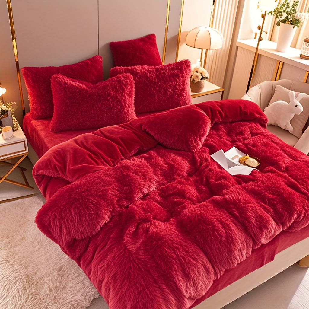 Plush Four-Piece Duvet Cover Set with Bed Sheet, Two Pillowcases, Queen or King Size and Eight Colors