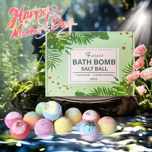 Bath Bombs, 12-Piece Extra-Large Gift Box with Assorted Colors, Labeled Scents and Forest Bath Ball Option