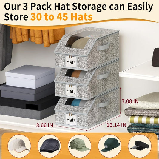 3-Pack Stackable Hat Organizer Box for Baseball Caps with Clear Window Lid, Foldable Cap Storage Holder for Closet Bedroom Shelf
