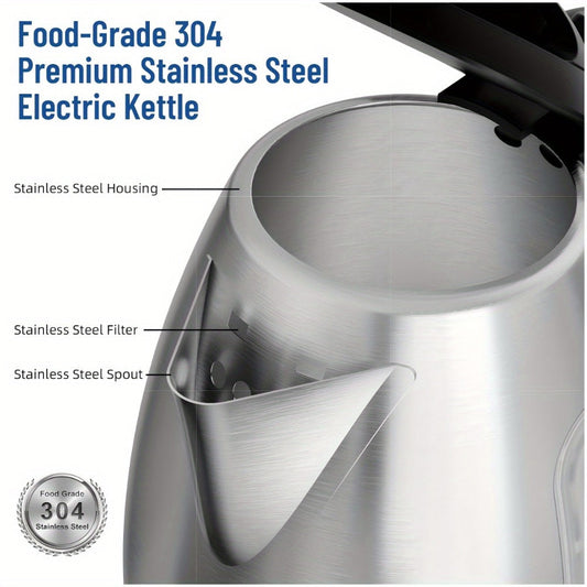 Electric Kettle 1.8L 1200W Stainless Steel with Water Window, Auto Shut-Off and Cordless Base