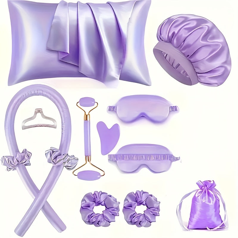 Twelve-Piece Heatless Curling Set with Satin Bonnet, Eye Mask, Hairband and Bag in Three Colors