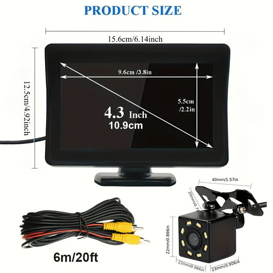 Backup Camera Kit with 4.3 Inch Monitor – 8 LED HD Night Vision Reversing Camera | 1080p Wide Angle | USB Powered | for Car, Truck, SUV & Pickup