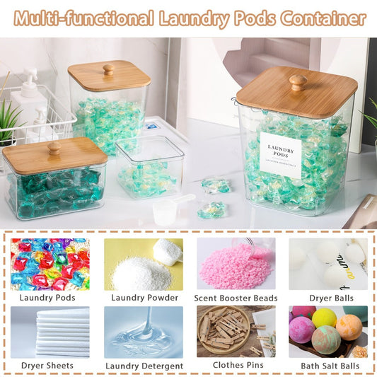 Laundry Pod Containers Set of 4 with Lids Scoops and Labels – Laundry Room Organization Storage Canisters for Pods Detergent Dryer Balls Scent Beads Mixed Color