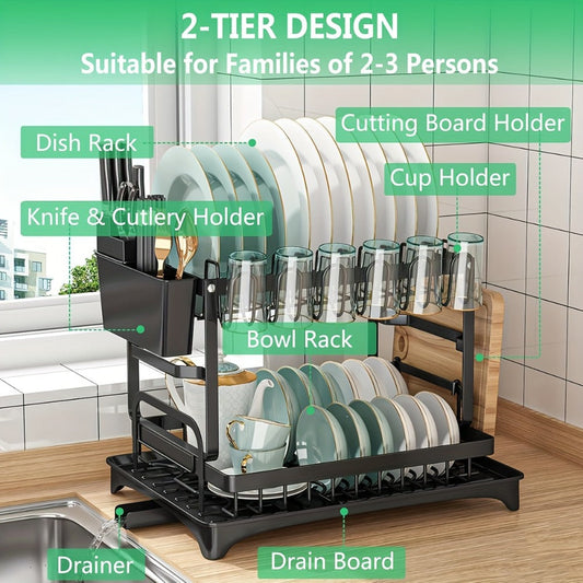 Two-Tier Dish Drying Rack, Compact Metal Countertop Drainer with Drainboard in Three Colors