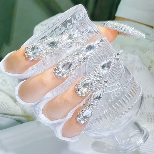 Press On Nails 10-Piece Extra-Long Pointed Almond Set with Silvery Rhinestones, Charms and Adhesive Stickers