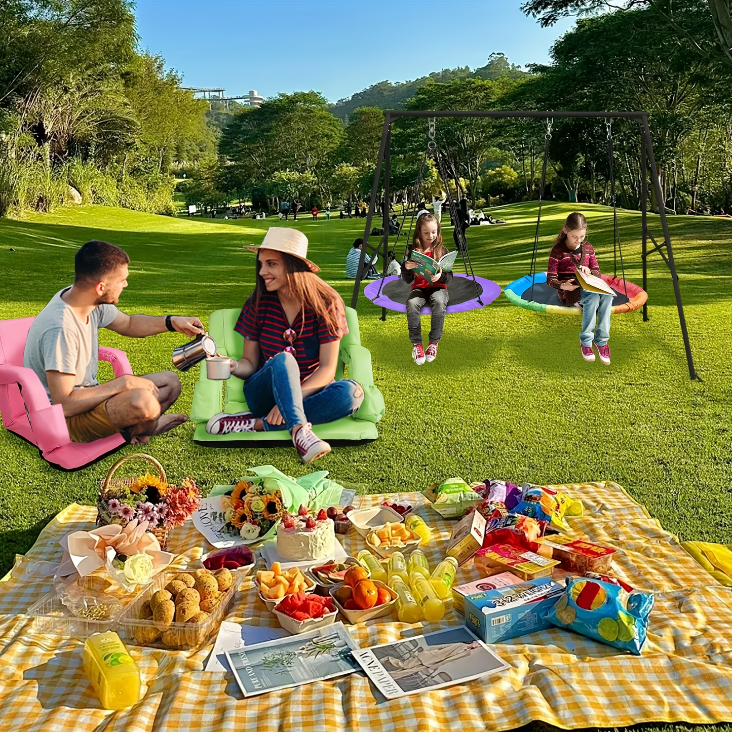 Full Steel A-Frame Swing Set Stand with Ground Stakes, Two-Swing Support and Two Color Options