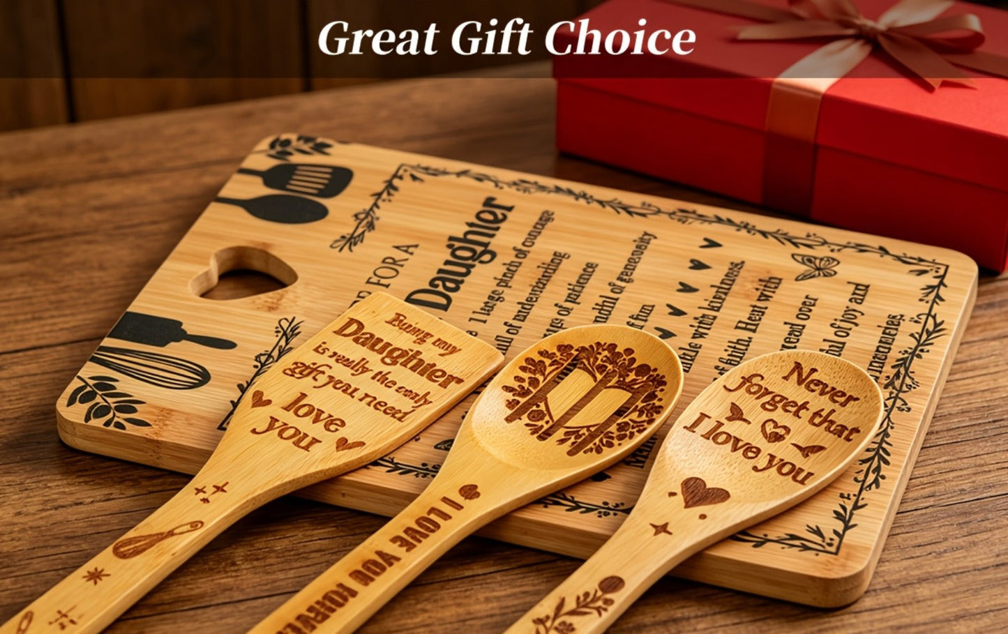 Engraved Bamboo Cutting Board Gift Set for Daughter, Recipe for a Special Daughter Kitchen Utensil Set, Personalized Birthday Christmas Gifts for Daughter from Mom Dad, Unique Sentimental Kitchen Gift