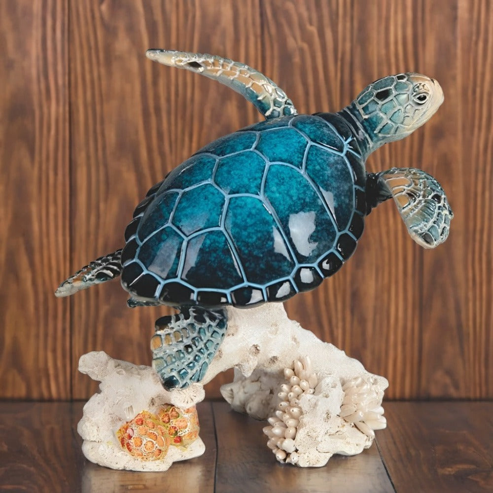 Sea Turtle Figurine with Upward-Swimming Polyresin Form, Coral-Style Base and 4.75 x 3.5 x 3.5-Inch Size