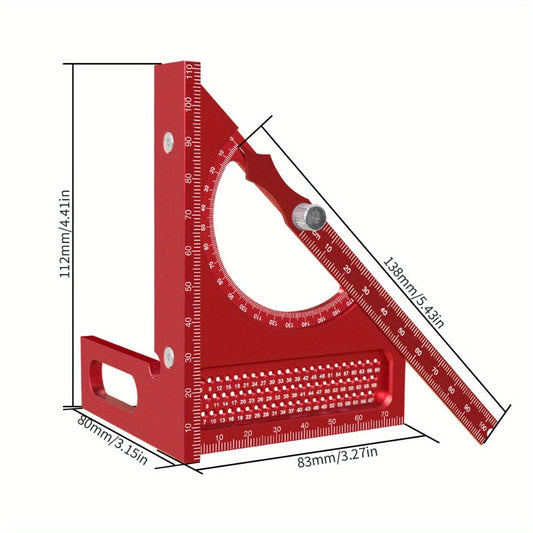 Adjustable 3D Carpentry Square Set 180° Rotating Aluminum Alloy Triangle Ruler T-Square with Scribing Holes Red Black Markings Woodworking Measurement Tool