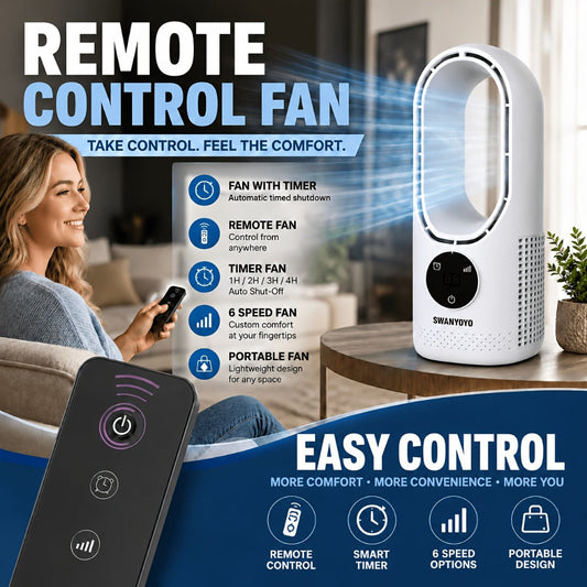 Portable Fan, USB-Powered Bladeless Tower Model with Water Mist, Remote, Touch Controls and Seven-Color LED Light