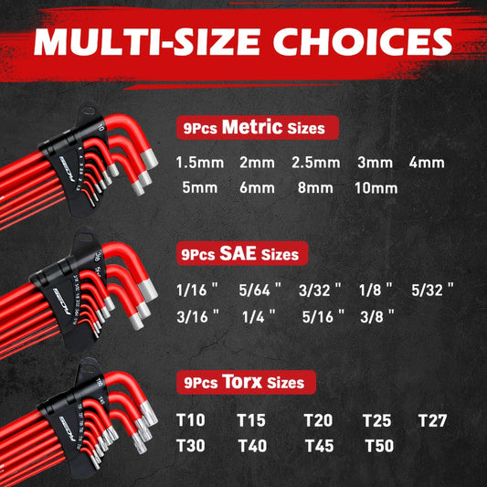 Hex Key & Torx Wrench Set 30-Piece – Long Arm Ball End Allen Wrenches with T-Handle & Extension Bar | SAE, Metric & Torx T10–T50 | Chrome Vanadium Steel