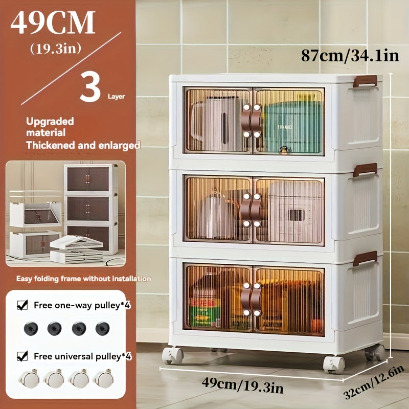Storage Cabinet 49cm Foldable Rolling Organizer with Translucent Doors and Two to Five Layers