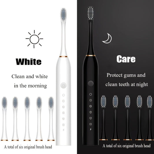 Electric Toothbrush Set with Eight Brush Heads, USB Charging, Soft Bristles and Pink, White or Black Handle