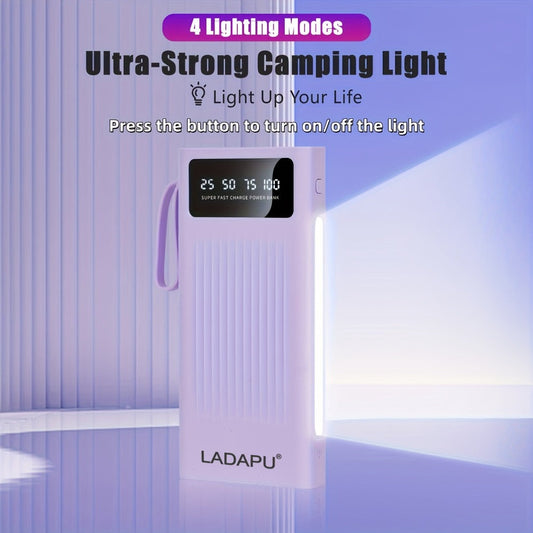 Power Bank 10000-30000mAh with 15W Charging, Four-in-One Cable and Four-Mode Camping Light