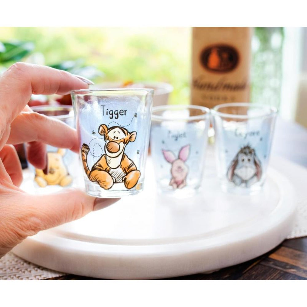 Mini Shot Glass Drinkware Set, Four 2oz Disney Winnie the Pooh Character Cups with Pooh, Piglet, Eeyore and Tigger Art