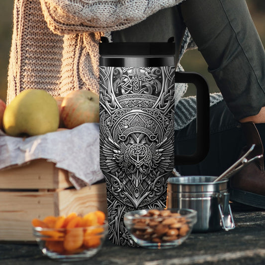 40oz Viking Tumbler with Handle - Wolf Raven Norse Mythology Celtic Knot Stainless Steel Insulated Travel Mug, Viking Gift for Men Women, Coffee Mug for Viking Lovers, Norse Mythology Gift