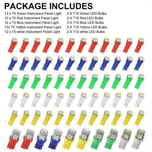 LED Instrument Panel Lights 70Pcs – T10 T5 12V Dashboard Bulb Kit, Multi-Color Green Red White Blue Yellow Interior Lighting for Cars & Trucks