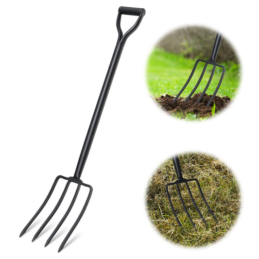 Garden Fork Heavy Duty 4-Tine - 42-Inch Long Handle Spading Fork with Ergonomic Non-Slip Grip for Turning Compost, Aerating Lawn, Loosening Soil & Planting Vegetables in Backyard Garden