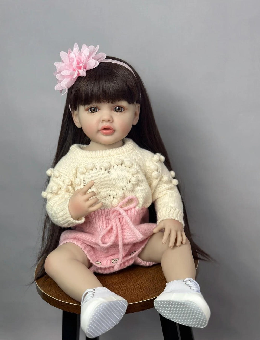 Reborn Baby Doll 22-Inch Full Vinyl Seated Design with Long Dark Wig Hair, Acrylic Eyes and Outfit Set