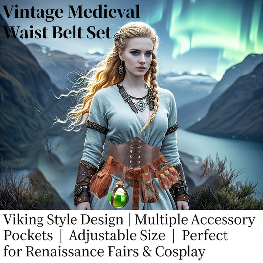 Costume Accessories - Renaissance Corset Set 6PCS Medieval Belt, Pouches, Waist Guard & Cork - product detail view 2