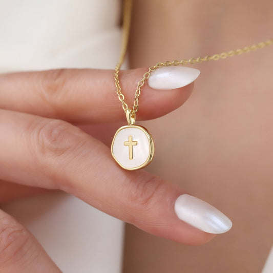 Cross Necklace - Pendant for Women Gold Enamel Irregular Shape Hypoallergenic Stainless - product detail view 2