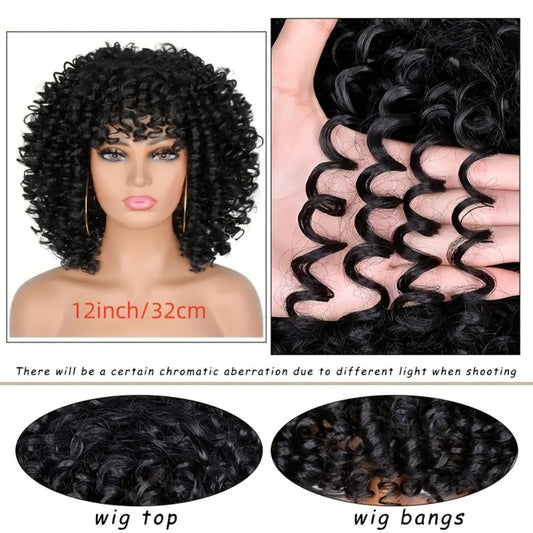 Curly Wig - Afro Kinky for Women - 14" Coily Synthetic with Bangs | Heat Resistant - product detail view 2