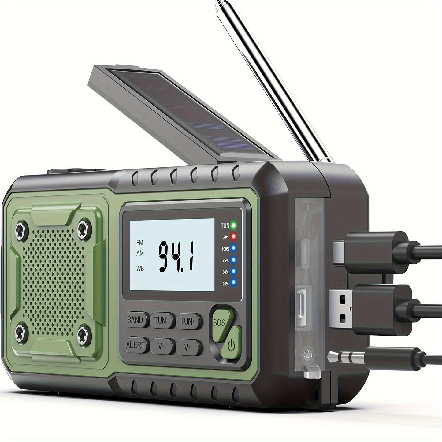 5000mAh Digital AM/FM/NOAA Emergency Radio with Solar Panel, Hand Crank, Reading Light and Three Colors