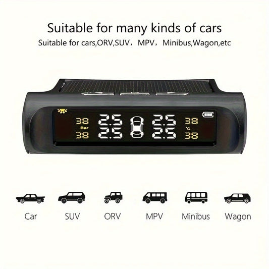 TPMS Tire Pressure Monitor Solar & USB Powered – Real-Time LCD Display, 6-Mode Auto Alarm, Windshield Mount, Day & Night Readable, SCBLAZE Car Tire Pressure Monitoring System