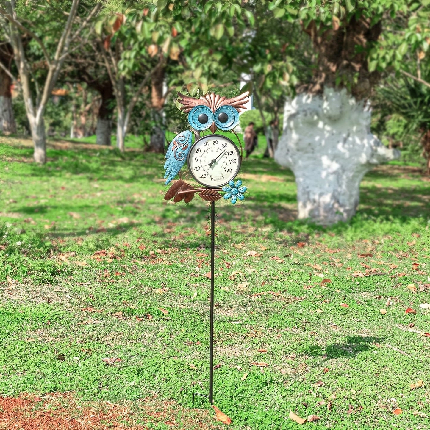 Owl-Shaped Analog Garden Thermometer with Wall Hook and Pictured 41.34-Inch Ground Stake Display Option