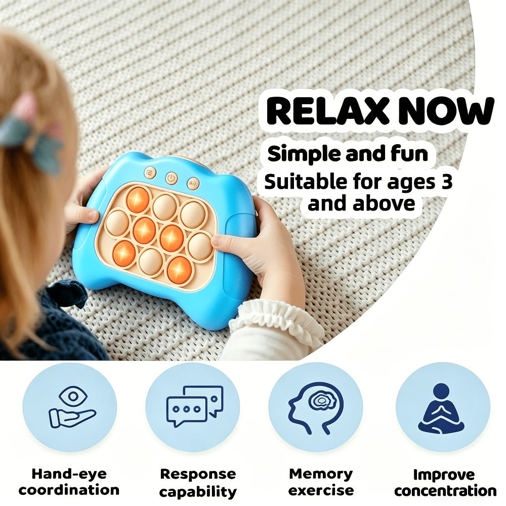 Blue Quick-Push Electronic Memory Game with Ten Pop Buttons, Four Pictured Modes and Back Controls