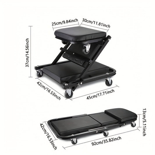 Mechanic Creeper Seat & Rolling Work Stool – Foldable 2-in-1 Auto Repair Crawler, 300 lb Capacity, Adjustable Height, 6 Swivel Wheels, Garage Shop Creeper