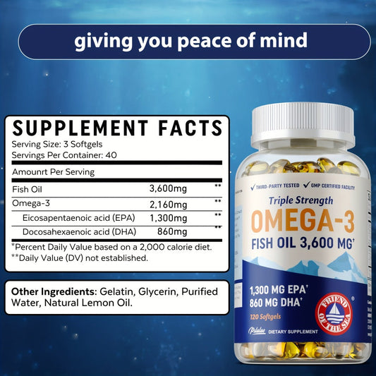Triple Strength Omega 3 Fish Oil 120 Capsules with High EPA & DHA for Eye, Brain & Heart Health, Joint & Immune Support for Men & Women
