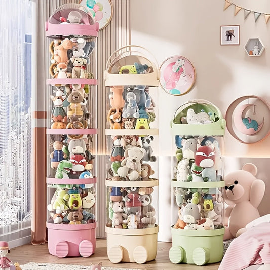 Stackable Round Stuffed Animal Storage Box with Lid – 3-Tier Plastic Plush Toy Organizer with Layered Storage for Dolls Toys & Miscellaneous Items – Kids Room Decor