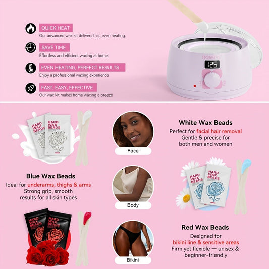 Wax Hair Removal Kit Digital Wax Pot with 6 Wax Bead Packets — Smart Temperature Control Salon-Grade Waxing Set for Body Bikini Face Legs Underarms, At-Home Waxing for Women & Men, Purple & White