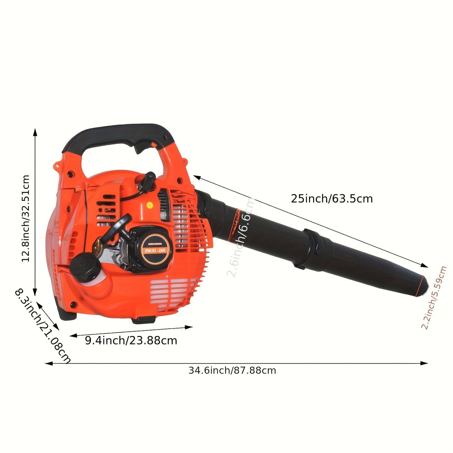 26CC Two-Cycle Gas Leaf Blower in Orange with Handheld Body, Two Straight Tubes, Fuel Container and Funnel
