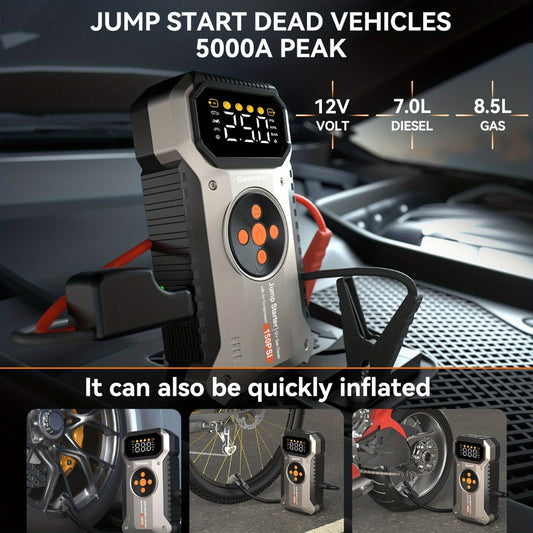 5000A Peak Jump Starter with Air Compressor 150PSI Digital Tire Inflator for 12V Gas Diesel Vehicles - Portable Car Battery Booster USB Charging LED Emergency