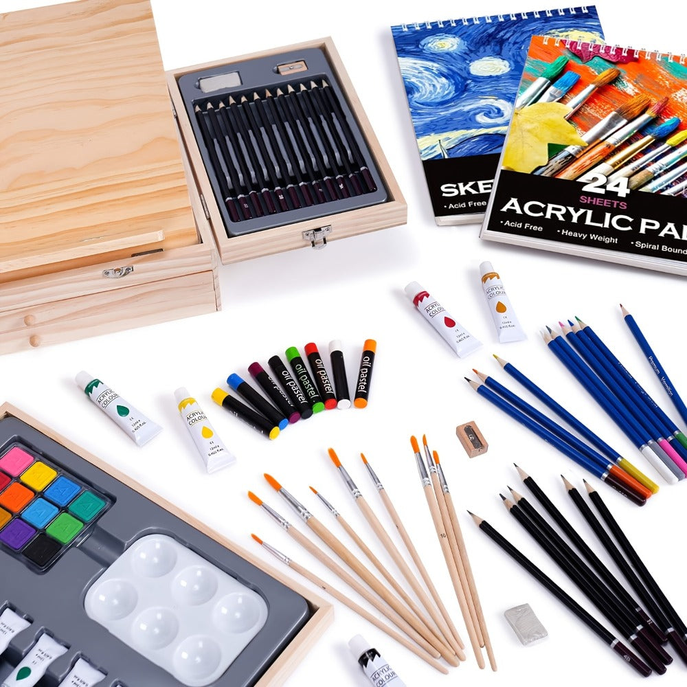 Acrylic Paint Set with Easel 85 Piece – Wooden Tabletop Easel Starter Kit with Acrylic Paints Sketch Pads Brushes & Palette | Complete Art Supplies for Adults Beginners & Professional Artists