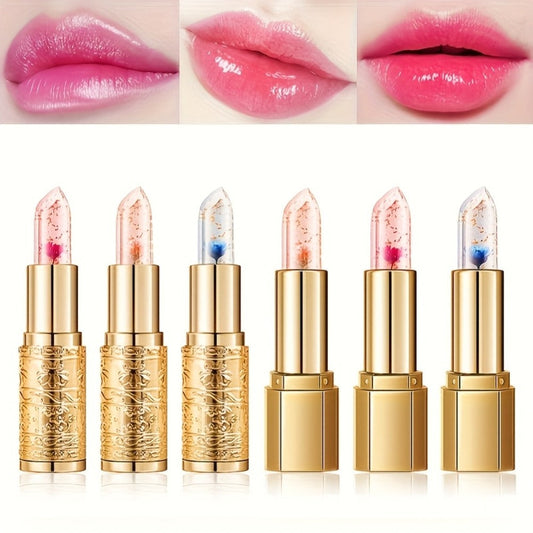 Jelly Flower Lipstick Set 6-Pack Color Changing Lip Balm Temperature Activated Tint Hydrating Squalane Formula Moisturizing Tinted Lip Gloss for Women All Skin Tones Daily Wear & Gift
