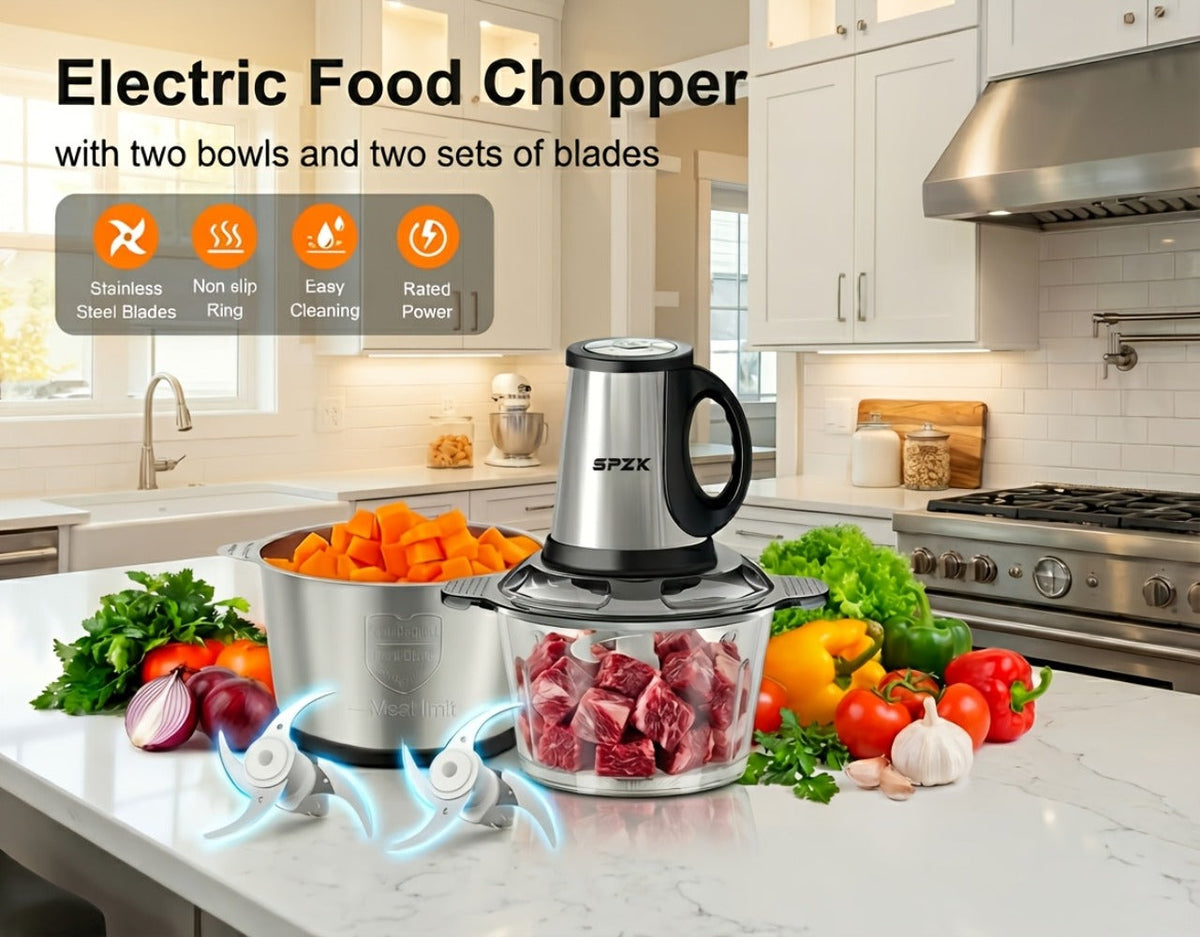 Electric Food Chopper with 2 Bowls & 2 Blades, Multi-Function Food Processor, Meat Grinder & Vegetable Chopper for Meats