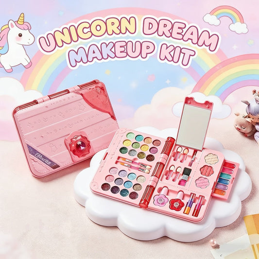 Kids Washable Makeup Set with Mirror — Princess Makeup Case for Girls, Birthday & Halloween Gift, Safe Non-Toxic Cosmetic Play Set for Children
