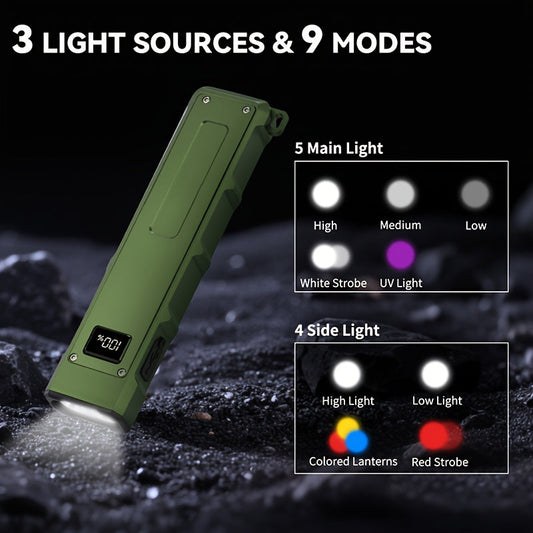 Flashlight Magnetic Aluminum EDC Light with Nine Modes, UV and COB Side Lights, 1500mAh Battery and Display