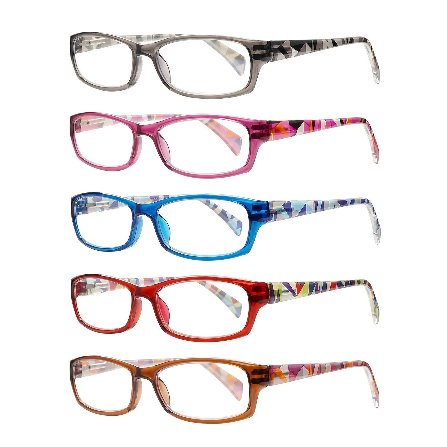 Reading Glasses – Five-Pair Rectangular Blue-Light Lens Set with Spring Hinges and Mixed Colors