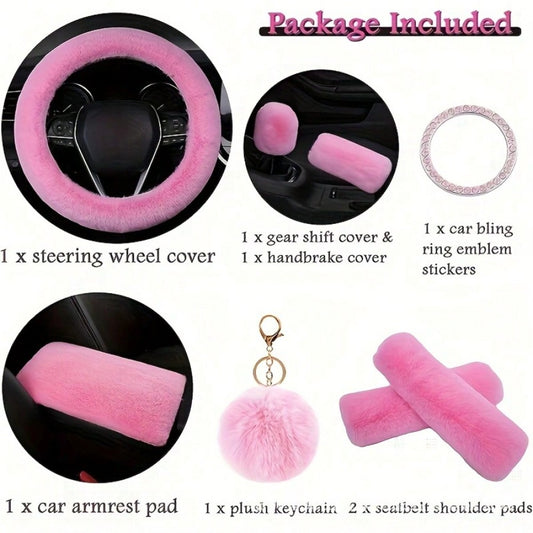 Plush Fluffy Steering Wheel Cover – Rex Rabbit Fur Texture, Universal Fit, 12 Colors (Black, Pink, Purple, Red & More), Soft Car Interior Accessory for Women