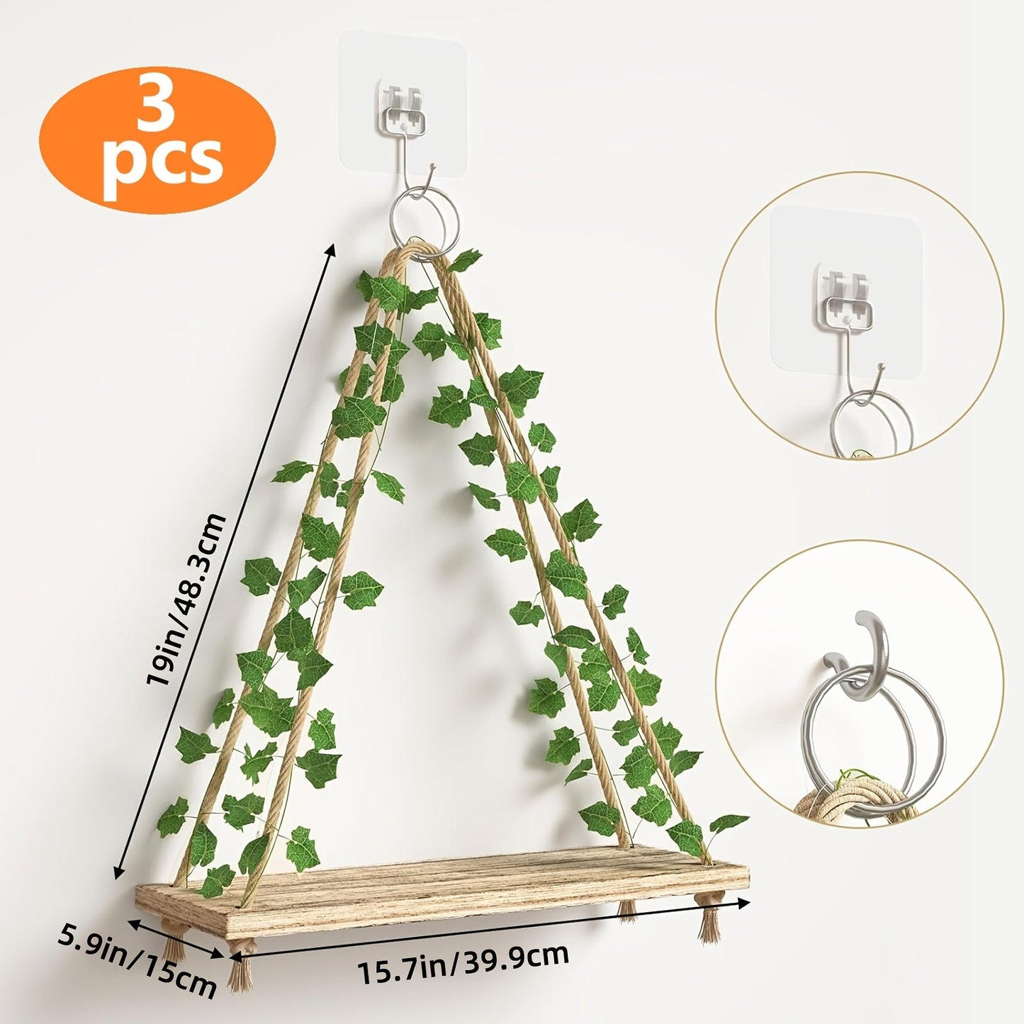 Hanging Wall Shelf Set with Macrame-Style Ropes, Artificial Ivy, LED Light Strands and 2- to 4-Piece Options